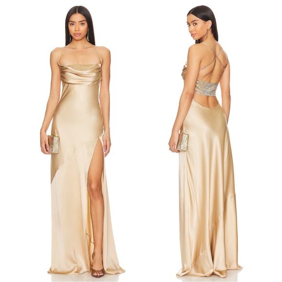 Retrofete Dresses & Skirts - RETROFETE Emery Crystal Embellished Silk Nude Gold Maxi Dress Size Medium